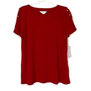 Liz Claiborne Cabaret Red Short Sleeve Blouse Button Slit Sleeve NWT Womens
